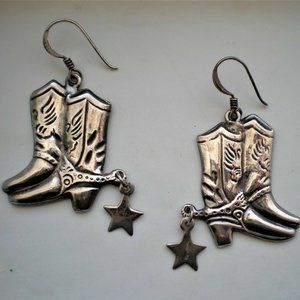 Designer Sterling Silver 925 Western Cowgirl Boot Boots Dangle Drop Earrings